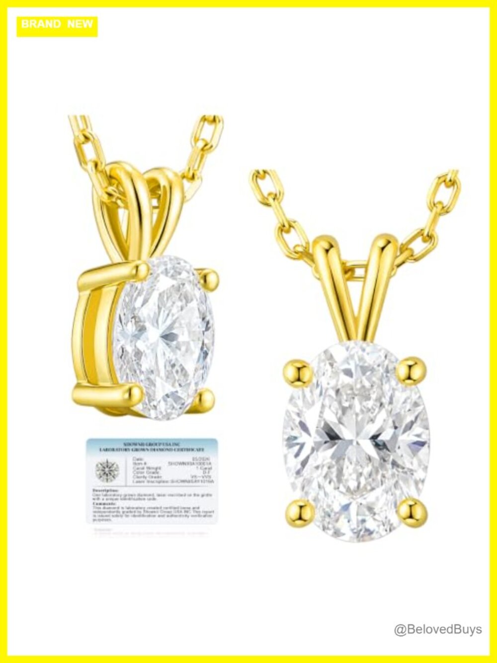 1CT Oval Lab Grown Diamond Pendant Necklace 14k Gold Plated S925 Silver